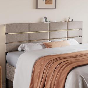 King/Cal King Size Upholstered Headboard, Adjustable Head Boards with LED Light & Charging Station, Bed Headboard Only, Attach Frame, Ideal for Bedroom, Dorm, Guest Room, Beige