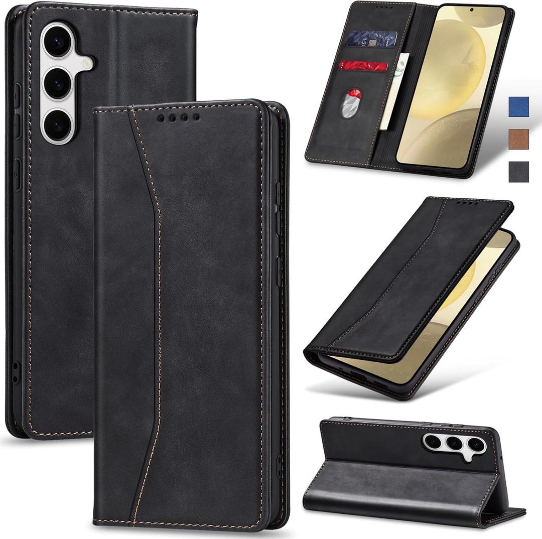 Jasonyu Flip Wallet Case for Samsung S24 5G,Leather Magnetic Folio Cover with Card Holder,Kickstand - TPU Shockproof Durable Protective Phone Case,Black