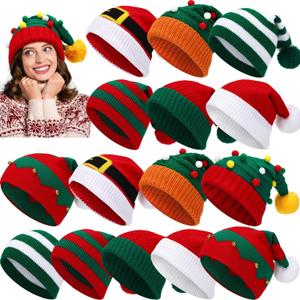 Suhine 16 Pcs Christmas Knitted Hat Winter Knitted Crochet Beanie Xmas Santa Hats Bulk Holiday Tree Striped Warm Crochet Caps for Adults Kids