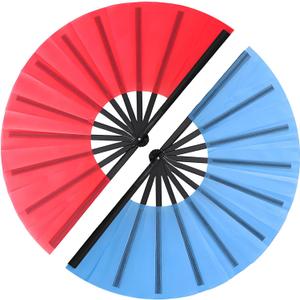 2 Pack Large Folding Hand Fan for Line Dancing, Boots on The Ground Clacking/Popping Rave Fans, 13inch Nylon-Cloth Portable Dance Fans (Red & Blue)