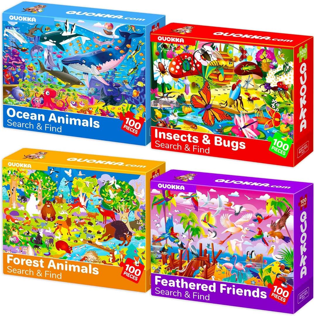 QUOKKA 100 Piece Puzzles for Kids Ages 4-6  4 Jigsaw Puzzles for Kids Ages 6-8  Search and Find Game with Ocean Forest Animals for Childrens 5-8  Learning Educational Toys for Boys and Girls 8-10