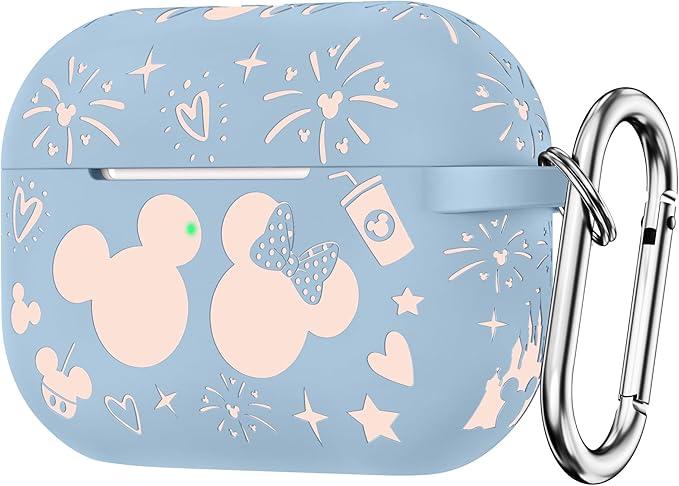 Girovo Compatible with Airpods Pro 2nd/1st Generation Case Cover with Keychain, Women Men Soft Silicone TwoTone Cute Cartoon Engraved Convenience Protective Case, Front LED Visible Blue/Pink