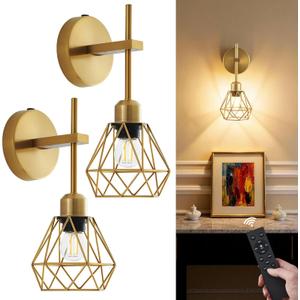 Bailoch Gold Hollow Wireless Battery Operated Wall Sconces Set of 2, 8000mAh Rechargeable Dimmable Wall Light with Remote, Cordless Battery Powered Lamp Decor Fixture for Bedroom Living Room Hallway