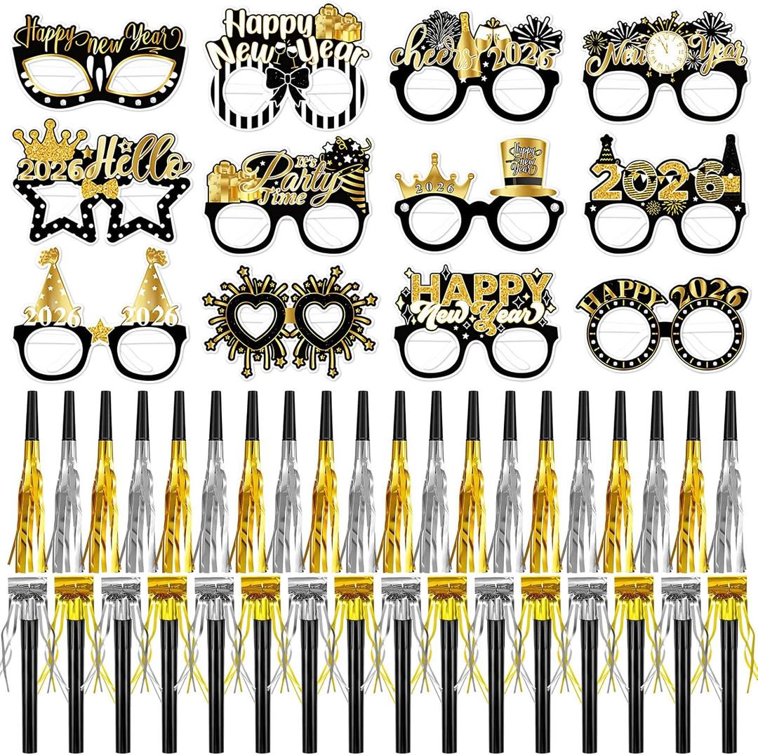 Openfly 60Pcs New Years Eve Party Supplies 2026 Happy New Year Eyeglasses with New Year Noise Makers Metallic Fringed Party Blowers for 2026 New Years Party Decorations