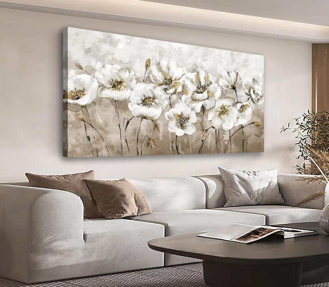 Large Flowers Wall Art for Living Room Decor Framed Art White Floral Canvas Pictures Modern Brown Artwork Blossom Canvas Prints for Bedroom Dining Room Kitchen Home Office Wall Decor 24" x 48"