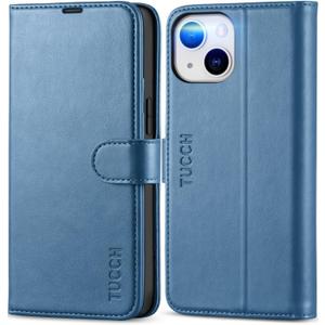 TUCCH Case Wallet for iPhone 13 Mini, with TPU Shockproof Inner Case, PU Leather RFID Blocking Credit Card Slot Magnetic Stand Flip Cover Compatible with iPhone 13 Mini, Lake Blue