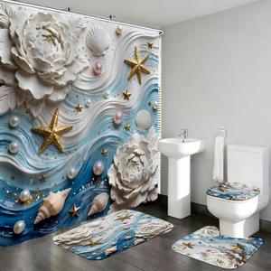 DDQQ 3D Waves and Starfish Shower Curtains with Rugs, Seashells and Pearl Accents Bathroom Sets with Shower Curtain and Rugs, White Flower Shower Curtains for Bathroom Toilet Lid Cover