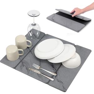 Large Stone Drying Mat for Kitchen Counter, Quick Dry Stone Mat Kitchen, Superb Absorbent Foldable Diatomaceous Earth Dish Drying Mat for Dishes Bottles Cups (Gray, Large) (19.6" x 15.7")