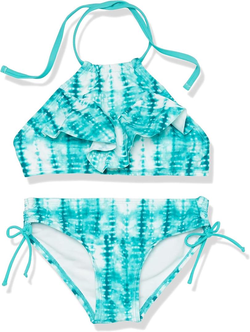 Kanu Surf Girls' Morgan Ruffle Halter Bikini 2-Piece Swimsuit, Pink, 2t (10, Willow Green Tie-dye)