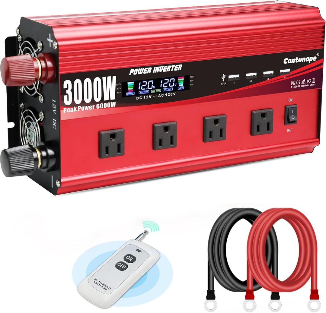 Cantonape 3000W Power Inverter 12V to 110V/120V DC to AC with LCD Display, Remote Controller 4 x AC Outlets and 4 x 3.1A USB Car Adapter for Car Truck Boat RV Solar System