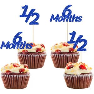 24 Pieces Blue Glitter 6 Months Cupcake Topper, for Celebrating 1/2 Birthday Baby Shower Half Year Birthday Party Decorations Supplies