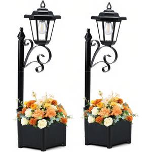 2 Pack Solar Floor Lamps with Planter (2-in-1 Design), 29.5" Outdoor LED Garden Lights - IP44 Waterproof, Warm White Auto-On at Dusk, Easy Install for Lawn, Patio, Porch, Yard & Pathway Decor