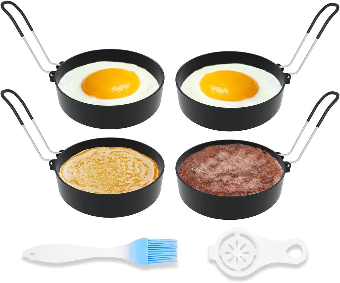 Stainless Steel Egg Rings for Frying Eggs4 Pack - 3.5" Round Non Stick Griddle Rings with Oil Brush, Egg Sandwich/Pancake/Cooking Molds, Breakfast Maker Accessories & Egg Separator
