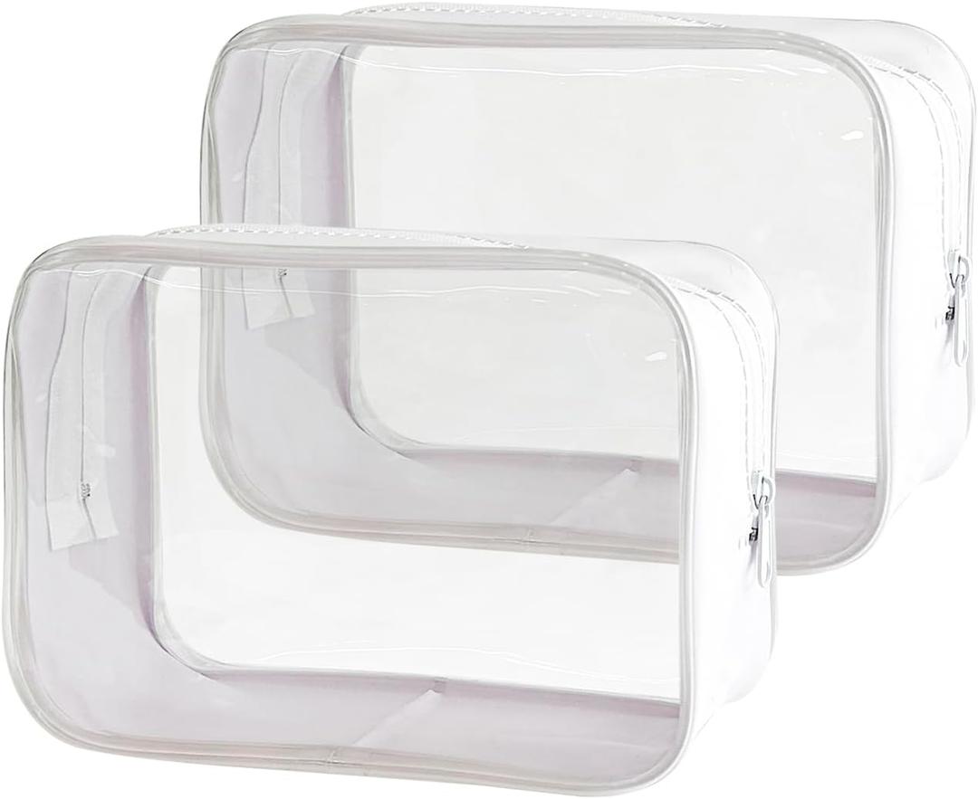 3 x TotePrint Stadium Approved White Frame Clear Toiletry Bag TSA Approved Clear Organizer Bags Portable Travel Makeup Bags with Zipper for Women (White)