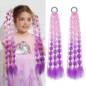 2Pcs Colored Hair Extensions for Kids, Lightweight Rainbow Bubble Ponytail Extension with Hair Tie, Crazy Hair Accessories for Women for Festival Rave (Light Pink to Purple, 23 Inch)