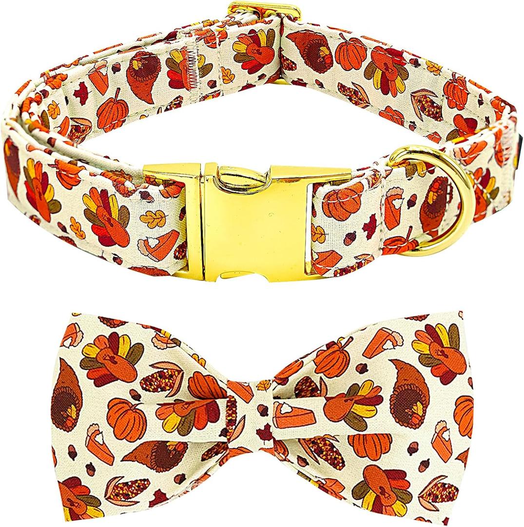 Dog Collar Thanksgiving Day Holiday Turkey Print Pet Collar Soft Cute Dog Collars with Bow Tie Adjustable Metal Buckle Collar Giftfor Medium Dogs (Medium (Pack of 1))