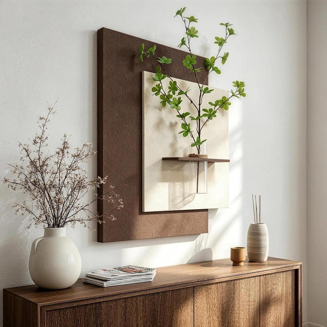 3D Textured Neutral Wall Art with Vase and Shelf, Beige and Brown Sandstone Abstract Artwork for Walls, Boho Minimalist Plant Botanical Wall Decor for Living Room, Hallway, Dining Room, 22x28 In