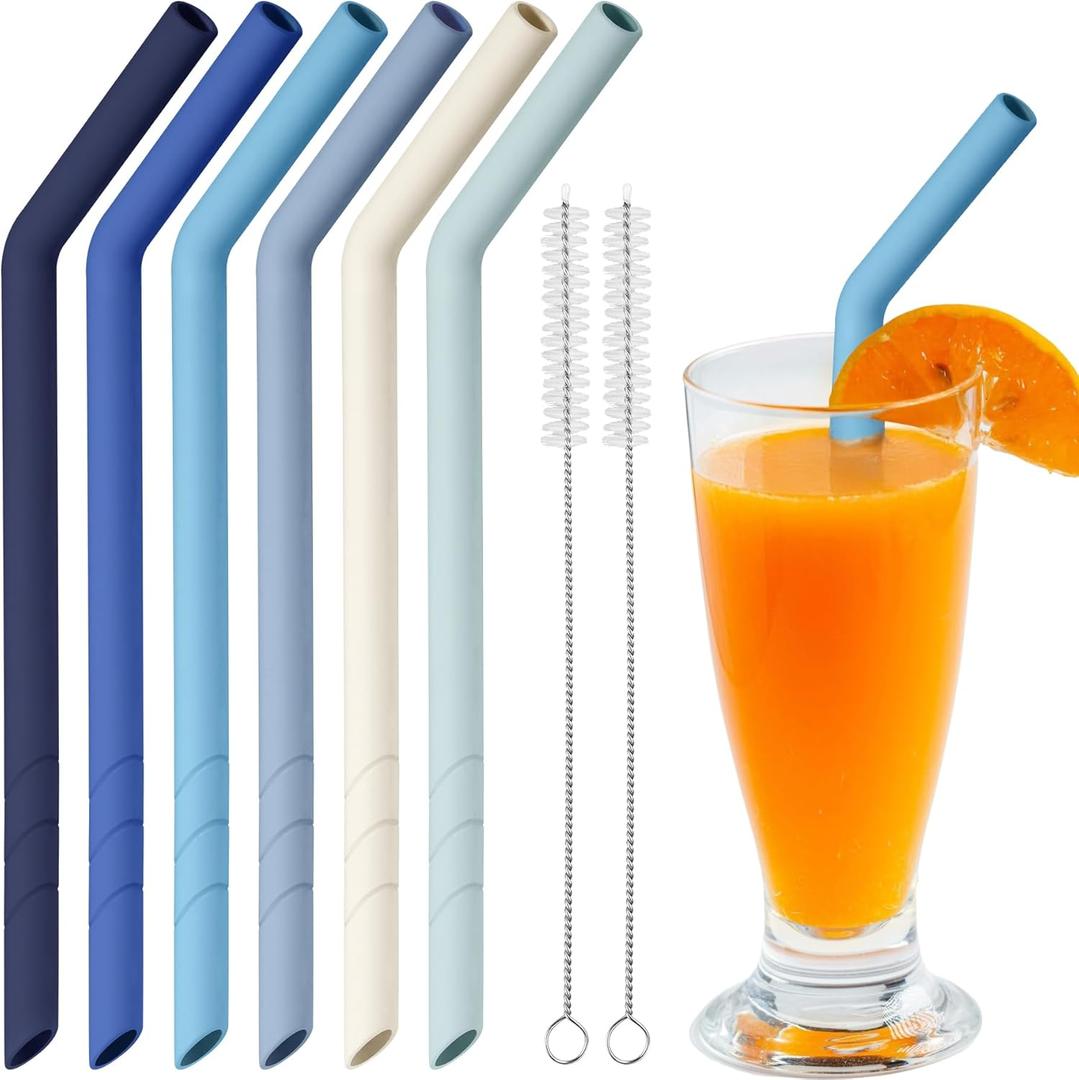 NiHome 6PCS Extra Wide Reusable Bent Silicone Straws for Boba, Smoothies, Bubble Tea, Bent Straws for Thick Drinks, Child-Safe, Customizable Length, 2 Brushes Easy Cleaning (Ocean Colors)