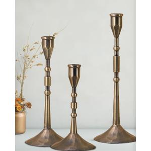 Vintage Taper Candle Holders Set | Handmade 3-Piece Candlestick Decor for Table Centerpiece, Farmhouse Kitchen & Party Lighting (Bronze)