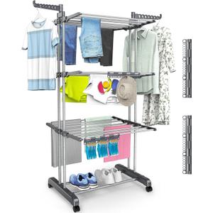 4 Tier Clothes Drying Rack Oversized, Foldable& Adjustable Height Rolling Clothes Rack Stainless Steel with 4 Castor, 24 Drying Poles,14 Hook& 2 Sock Clippers, Drying Rack Clothing for Indoor& Outdoor
