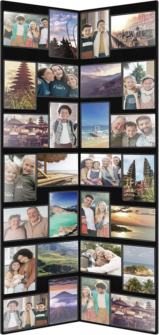 Qunclay Floor Standing Collage Photo Frame Decorative 32 Openings 3.6 x 5 Inch Hinged Folding Partition Screen Style Picture Frame Black Felt Multiple Collage Photo Display Board for Wall Corner