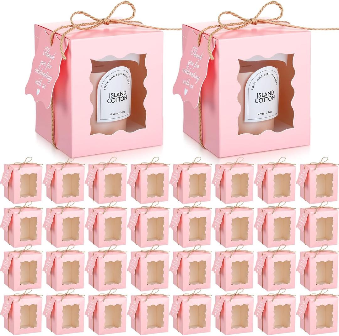 Affrolling 50 Set Pink Candle Gift Box Transparent Gift Packaging Box Bulk for 4-10 oz Candles with Thank You Tag Hemp Rope for Valentine's Day Wedding Birthday Party Favor, 3.35x3.35x3.94 Inch