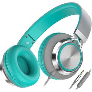 AILIHEN C8 Wired Headphones with Microphone and Volume Control Folding Lightweight Corded Headset for Cellphones Tablets Chromebook Phones Smartphones Laptop Computer PC Mp3/4 (Grey/Mint) (Medium, Turquoise)