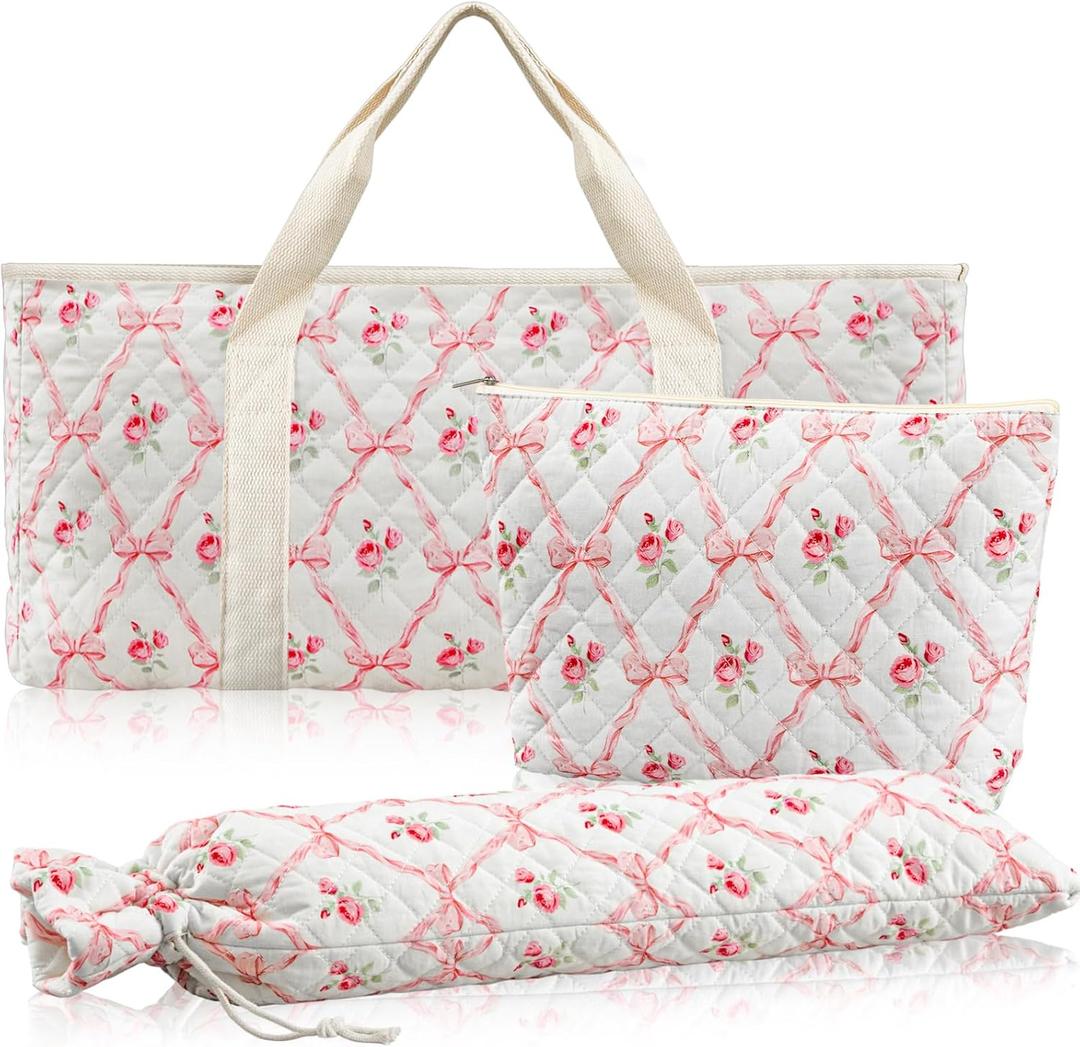 3 Pcs Empty Mahjong Bag Set, Thickened Pink Bow Quilted Carrying Bag Set with Two Wrappers, Card Bags, Mahjong Racks and Card Pusher Drawstring Bags (Case Only)