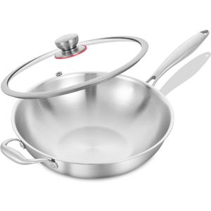 LOLYKITCH 12 Inch Tri-Ply Stainless Steel Wok Pan with Lid, Stir-Frying Pan,Induction Cooking Pan,Dishwasher and Oven Safe,Heavy Duty and Detachable Handle.