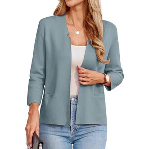 GRACE KARIN Women Sweater Blazer 3/4 Sleeve Cropped Cardigan Lightweight Notch Collar Knit Blazer Jacket Business Casual (Medium, Gray Blue)
