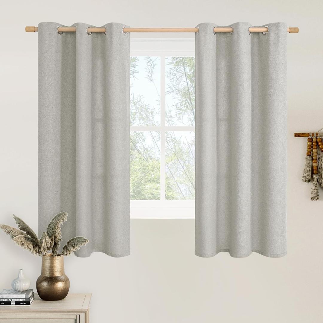 LAMIT Light Grey Linen Curtains 48 inch Length for Small Windows, Grommet Light Filtering Linen Textured Drapes for Bedroom/Kitchen/Bathroom, 2 Panels Set, W42 x L48