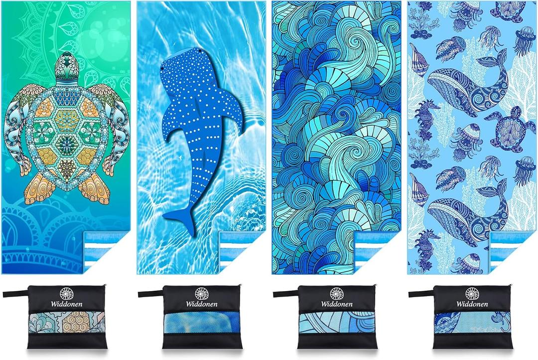 Microfiber Thin Lightweight Beach Towel Sand Free Quick Dry Absorbent Compact Towels for Swimming Pool Camping Beach Accessories Large Easy Pack Travel Things for Vacation Essentials Adult Gift (32x71 inch, 4 Pack Turtle Whale Freedom)