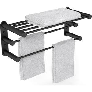 YUMORE 24-Inch Towel Rack, Towel Holder Shelf with 2 Towel Bar Towel Storage Organizer for Bathroom & Lavatory Wall Mounted (Matte Black)