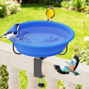 Deck Mounted Bird Bath for Outside, Detachable Plastic Birdbath & Birdfeeder Bowl with Adjustable Metal Clamp, Easy to Clean & Install Bird Baths for Railing Balcony Fence Garden Decor (Blue)