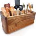 Dstuff Large Kitchen Utensil Holder Organizer for Counter or Countertop, Wooden Storage Container for Cooking and Silverware, Acacia Rustic Wood (4 Compartments)