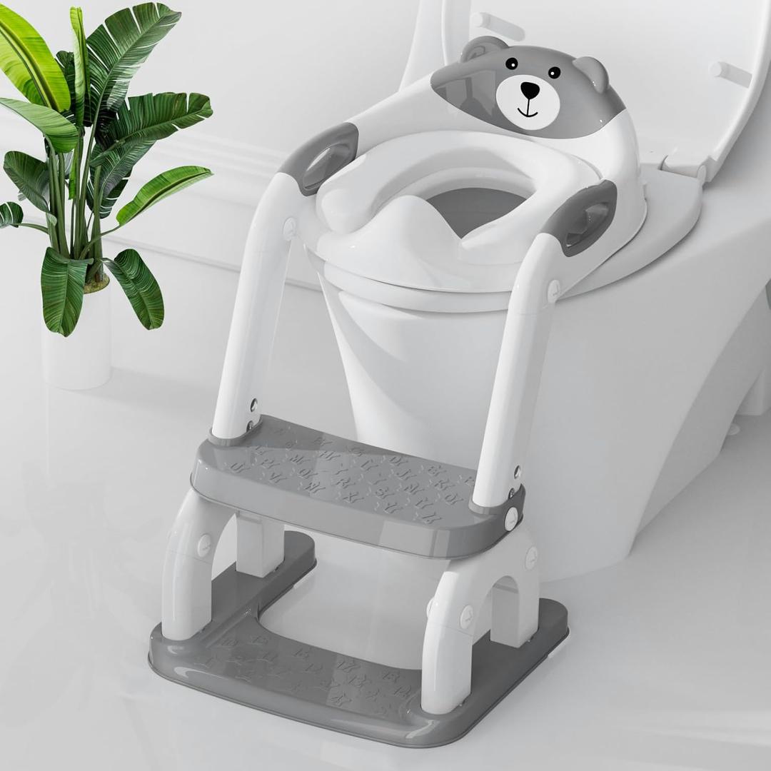 Potty Training Seat with Step Stool, Toddler Potty Training Toilet Seat with Non-Slip Step Splash Guard Safety Handles and Waterproof Cushion, 2 In 1 Toddler Potty Seat (Gray)