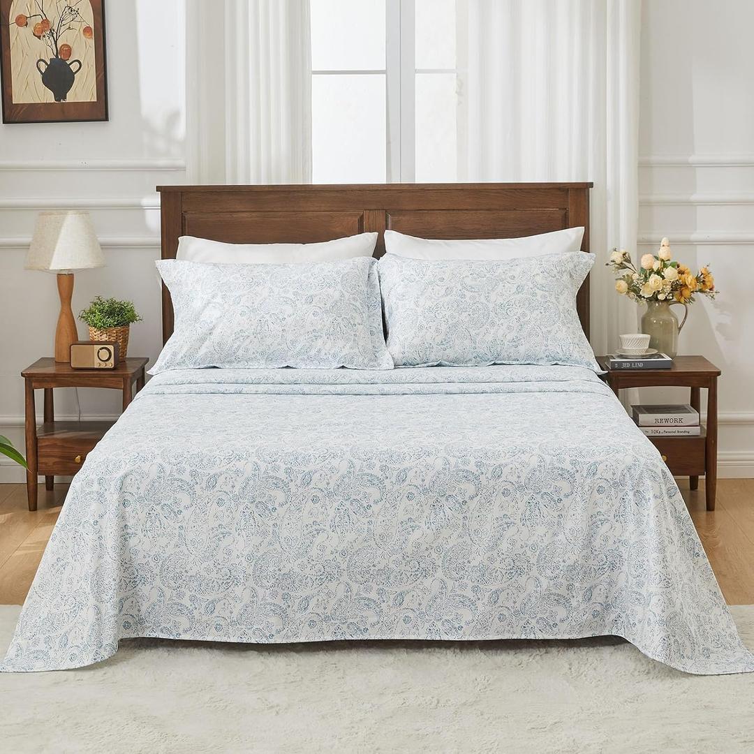 kingrest 100% Cotton Cal King Sheet Set - 4 Piece Lightweight & Cooling Bed Sheets, 16 Inch Deep Pocket, Breathable Percale Bedding, Soft & Durable Luxury Sheets (Blue Flower)