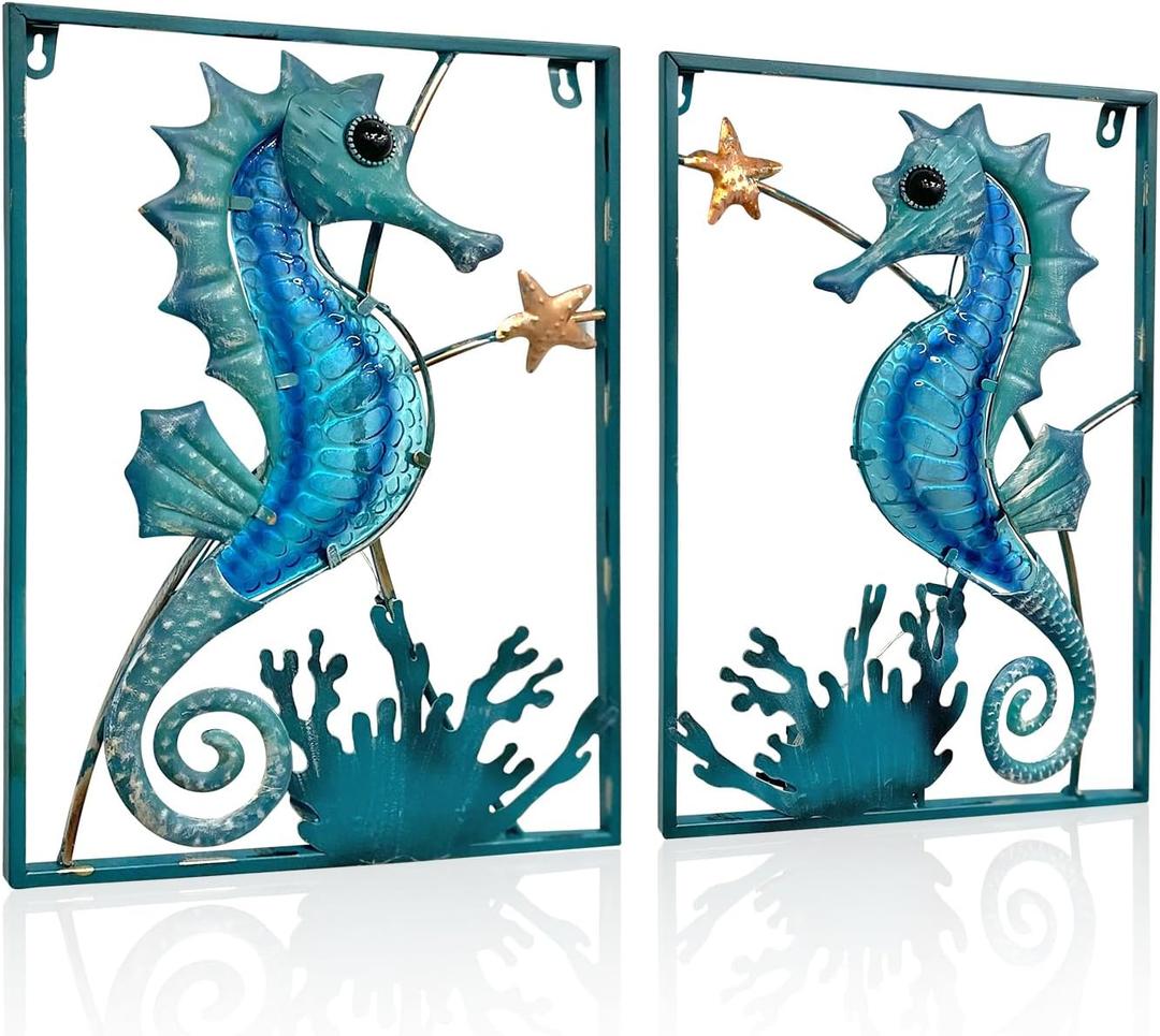 LIFFY Metal Wall Art Seahorse with Frame 13 LED lights, Beach Decor Fish Glass Sculpture Coastal Wall Hanging Ocean Theme Nautical Outdoor Decor for Patio, Garden, Yard, Pool, home gift(2pcs, Blue)
