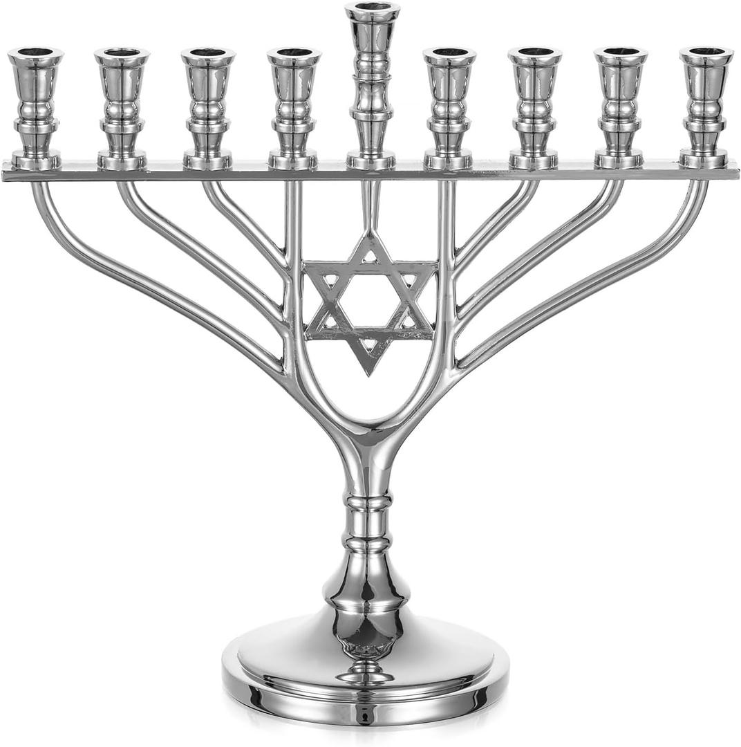 Sziqiqi Hanukkah Menorah 9 Branch: Silver Traditional Menorah with Star of David - Small Chanukah Candle Holder Zinc Alloy 7.48 Tall for Holiday Travel Window Office