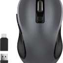 WisFox 2.4G Wireless Mouse for Laptop, Ergonomic Computer Mouse with USB Receiver and Type-C Adapter, 3 Adjustable Levels, 6 Button Cordless Mice for Windows Mac PC Notebook (Grey and Black)
