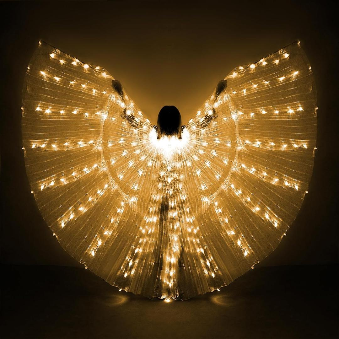 iMucci LED Lights Belly Dance Isis Wings - Bellydance Glow Angel dance Wings with Telescopic Sticks Flexible Rods for Adults Yellow