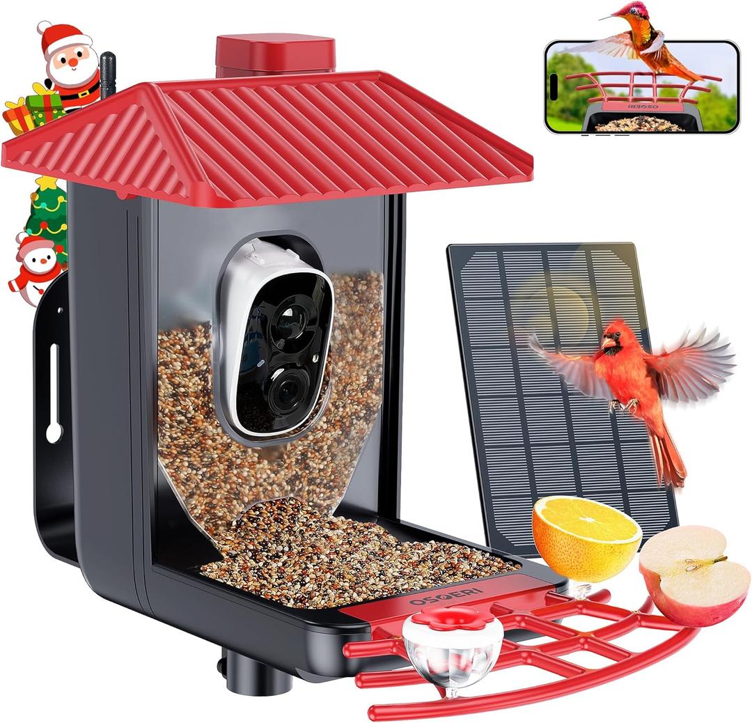 Osoeri Bird Feeder with Camera, Smart AI Identify Wild Bird Feeders Camera, 1080P Auto Capture Bird's Video & Motion Detection, with DIY Add-ons & Hummingbird Feeder, Gifts for Bird Lover (Red Black)