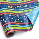 4 x Burymento Reversible Birthday Wrapping Paper for Boys Girls Kids Adults Baby Shower Holiday - Colorful Happy Birthday Lettering and Stars Design - Blue Gift Wrapping Paper Roll, 17 Inch X 32.8 Feet