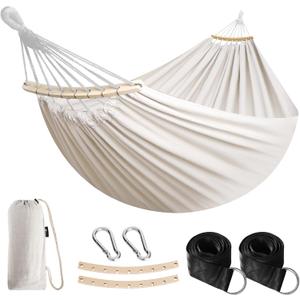 Anyoo Garden Cotton Hammock Comfortable Fabric Hammock with Spreader Bar Sturdy Hammocks Up to 450lbs Portable Lightweight Hammocks with Travel Bag for Camping Outdoor/Indoor Patio Backyard (White)