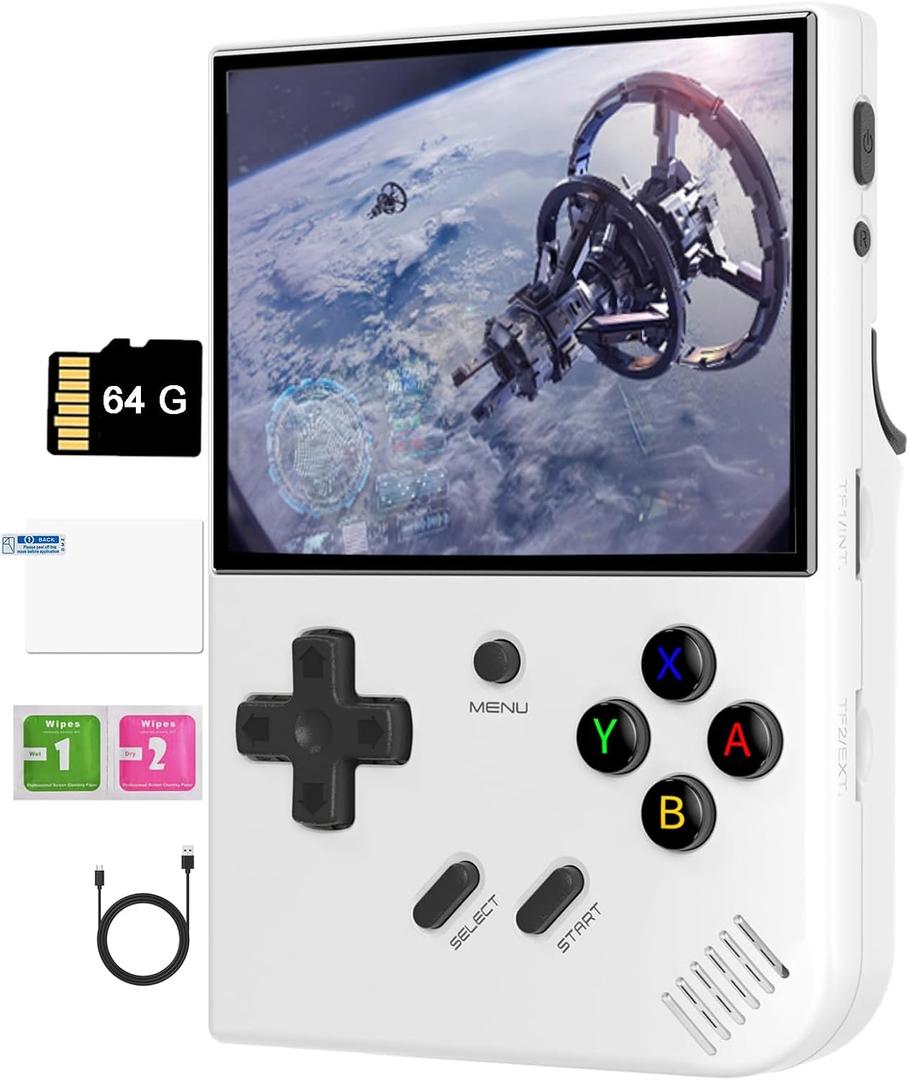 RG35XX Plus Handheld Game Console - 64G TF Card with 3.5 Inch IPS Screen & Linux OS Retro Video Games, Portable Case (White)