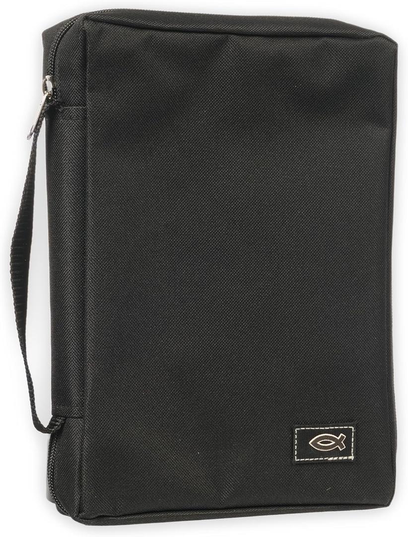 Christian Art Gifts Men or Women's Bible Cover Secure Zipper Jesus Fish, Black Canvas, Large