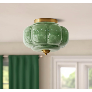 Milk Glass Ceiling Light Fixture - Farmhouse Antique Brass Semi Flush Mount Ceiling Light for Kitchen, Hallway, and Bedroom (Green 15 inch)