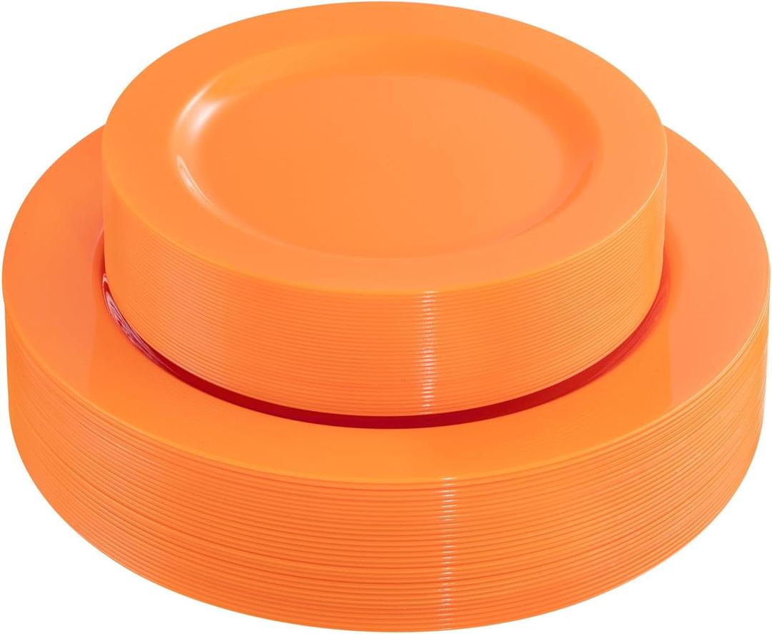 FLOWERCAT 60PCS Orange Plates - Heavy Duty Orange Plastic Plates Disposable for Thanksgiving Party - Serve 30 Guests 10.25inch and 7.5inch