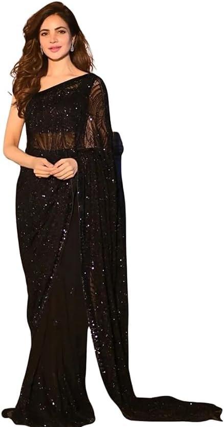 Women's Georgette Sequined Saree with Banglory Silk Blouse, Black - Sarees For Women S L