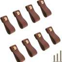 yusheng 8 Pack Soft Genuine Leather Drawer Pulls Handle, Wardrobe Cabinets Kitchen Closet Knobs Door Pulls Handles knobs with Screws, Home Decoration, Handmade (8 Pack, 2.6" Single Hole - Brown)